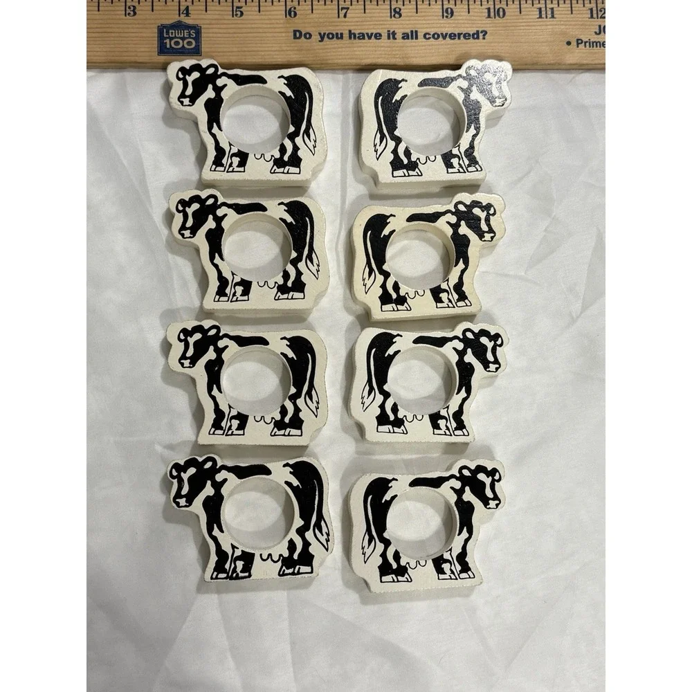 Lot Vintage Rustic Wooden Cow Napkin Rings Set Of 8 Farmhouse Farm country decor